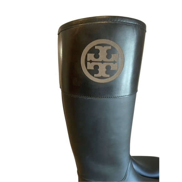 Tory Burch Black Knee High Leather Rubber Boots - Picture 10 of 12